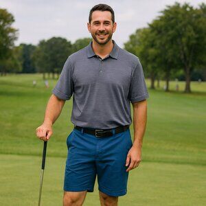 PGA Tour Dark Navy Blue & White Striped Polo Shirt